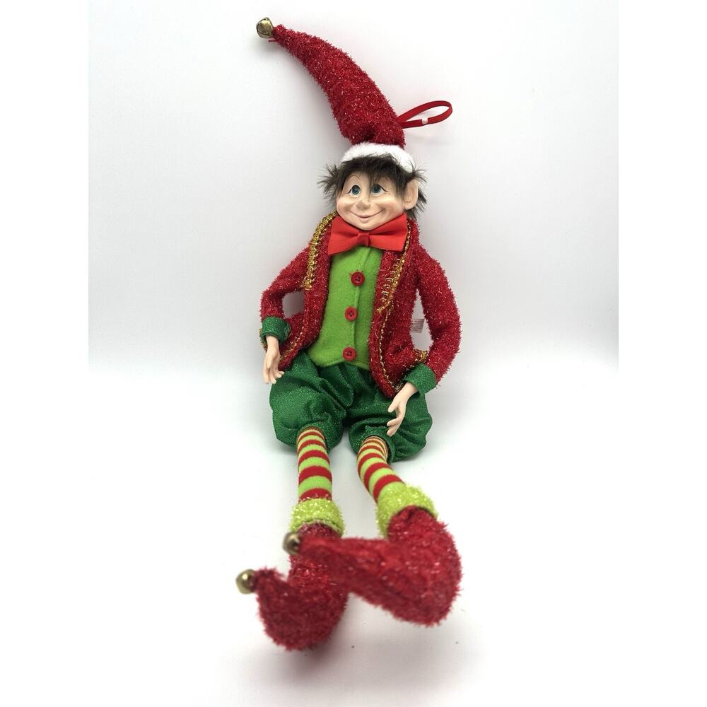 Christmas Holiday Elf, Posable, Resin Face and Hands, Red Green Christmas Attire